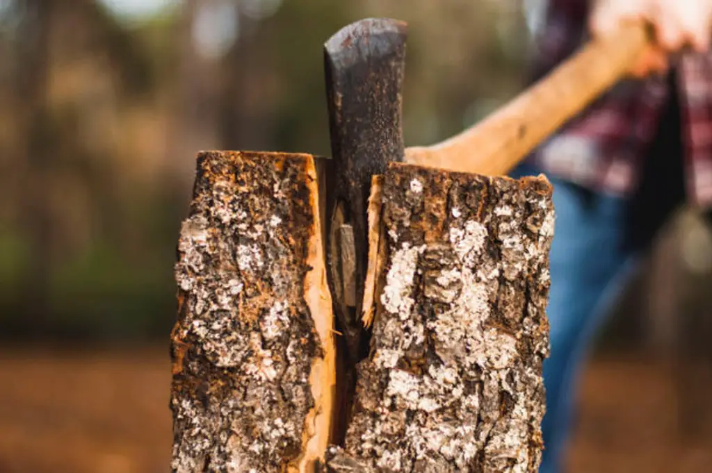 hand splitting wood with an ax